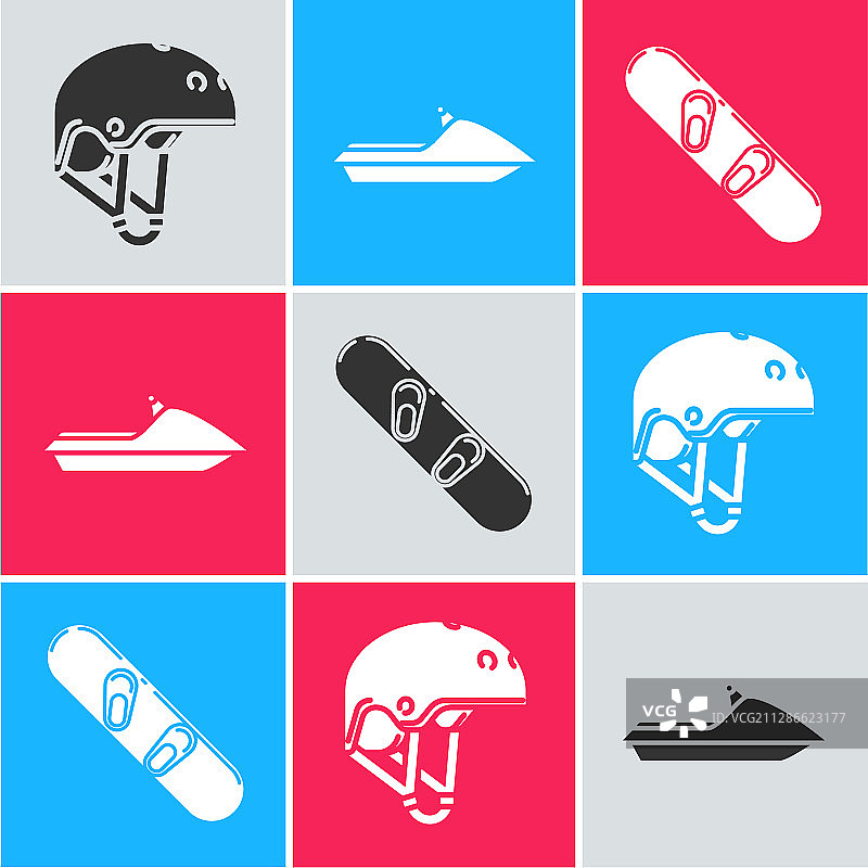 头盔、摩托艇和滑雪板图标合集图片素材