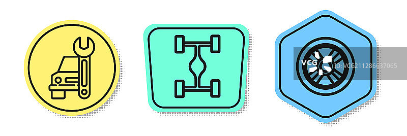 一套汽车维修底盘和车轮线条图标图片素材