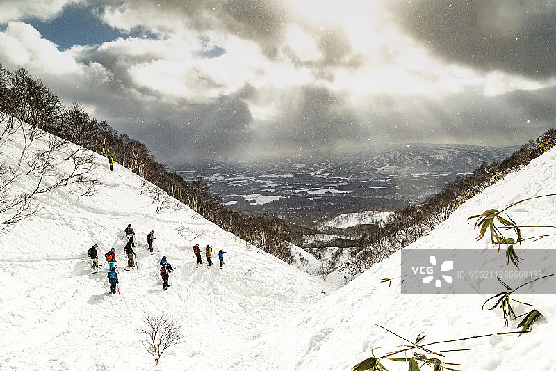 在日本北海道二世谷的滑雪者和滑雪者图片素材