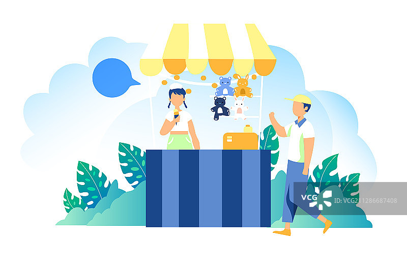 摆摊经济互联网人才摊位赚钱城管营业收入成本促销电商矢量插画图片素材