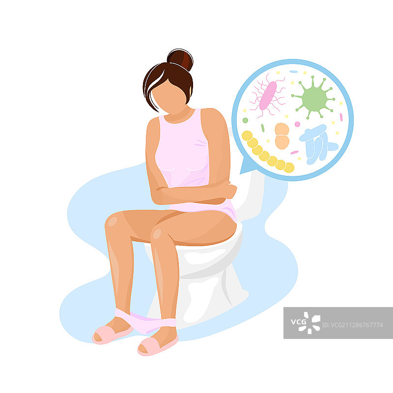 女人坐在马桶上，背景是微生物图像图片素材