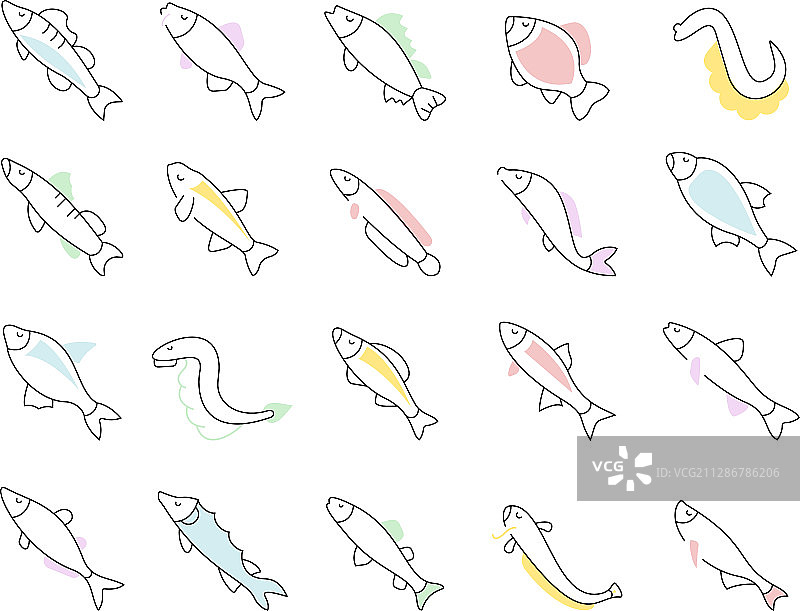 淡水鱼类线条图标合集图片素材