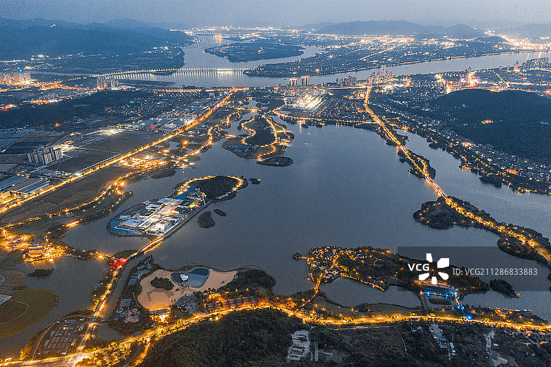 杭州萧山湘湖夜景航拍图片素材