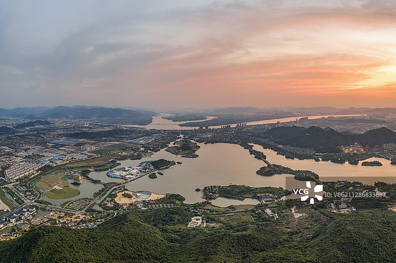 杭州萧山湘湖黄昏航拍图片素材