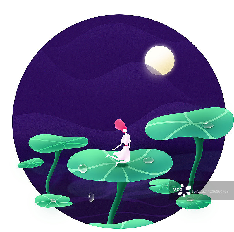 夏天夜里穿着白色长裙的女孩坐在荷叶上插画海报背景图片素材