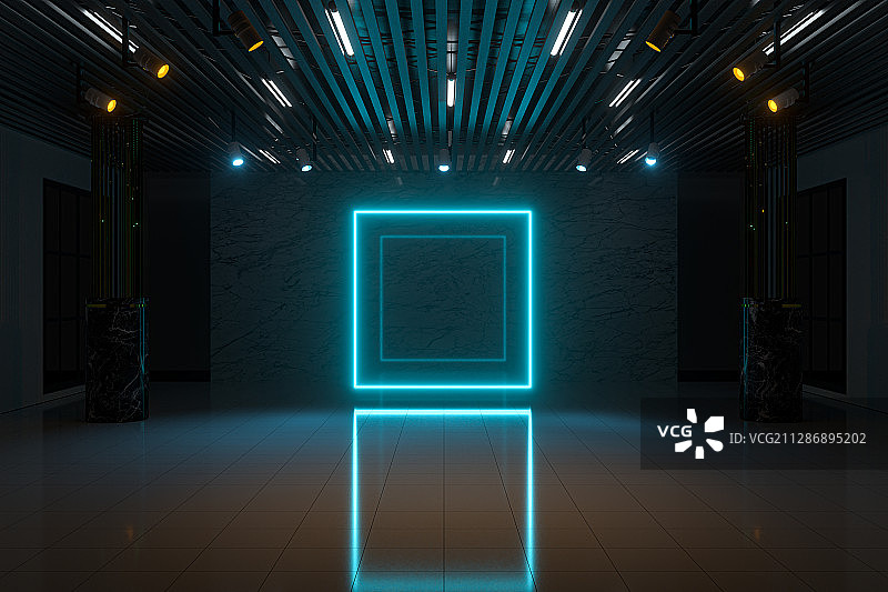豪华的室内空间与霓虹灯光 3D渲染图片素材