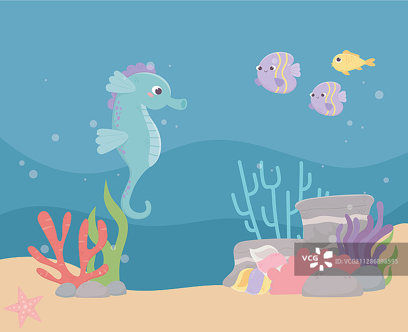 海马、鱼、沙石、气泡、珊瑚图片素材
