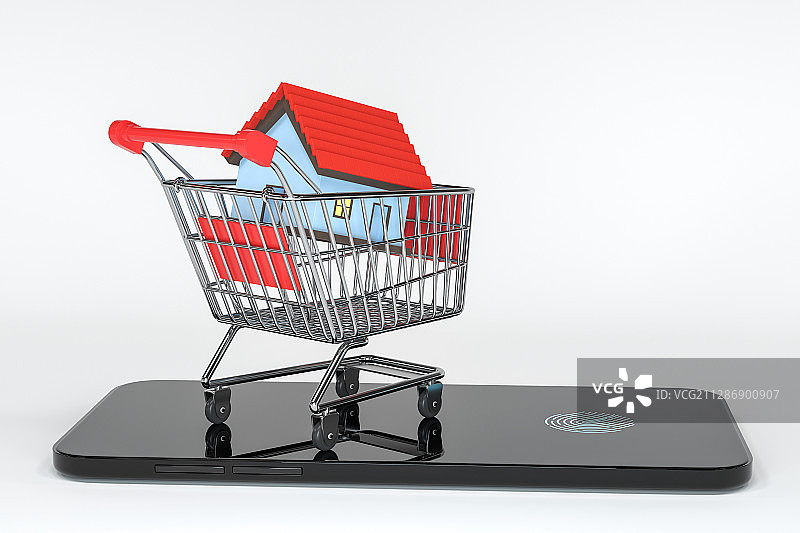 购物车里的房屋模型 3D渲染图片素材