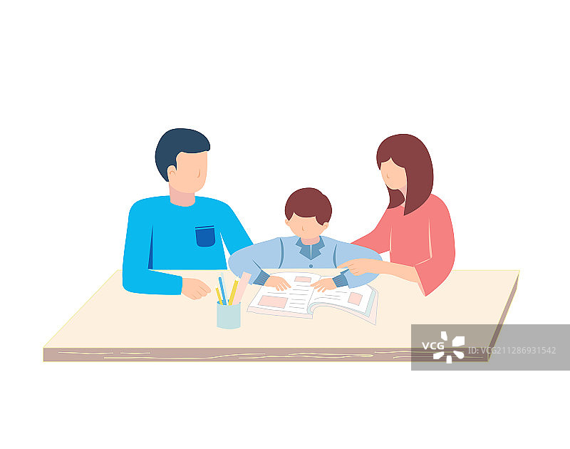父母教孩子学习，扁平风格图片素材