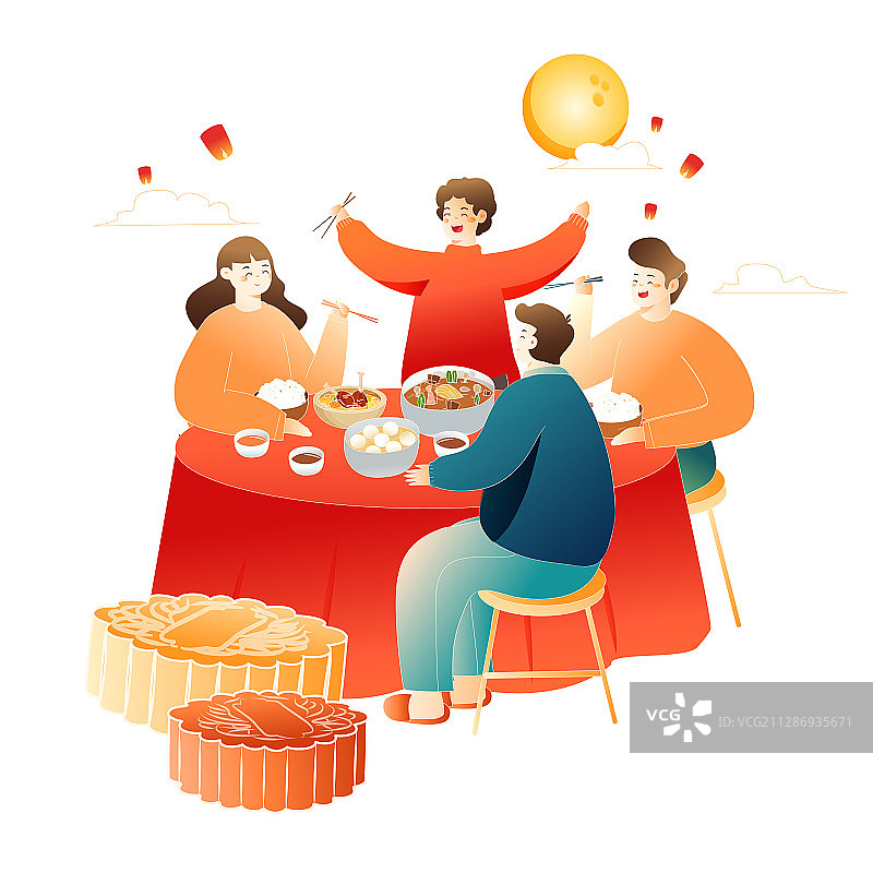 卡通中秋节国庆家人吃饭美食月饼团圆赏月传统中国风国潮矢量插画图片素材