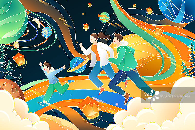 卡通中秋节家人奔月科技概念月球星球节日中国风矢量插画图片素材