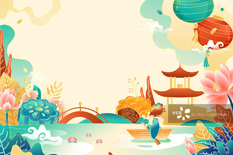 卡通中秋节月饼礼盒古建筑国庆传统节日中国风国潮矢量插画图片素材