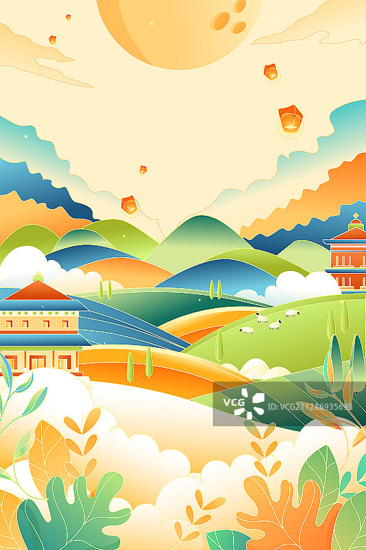 卡通孔明灯祈福农田秋节丰收风景节气节日矢量插画图片素材