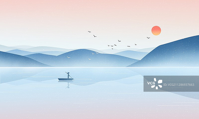 湖上落日插画图片素材