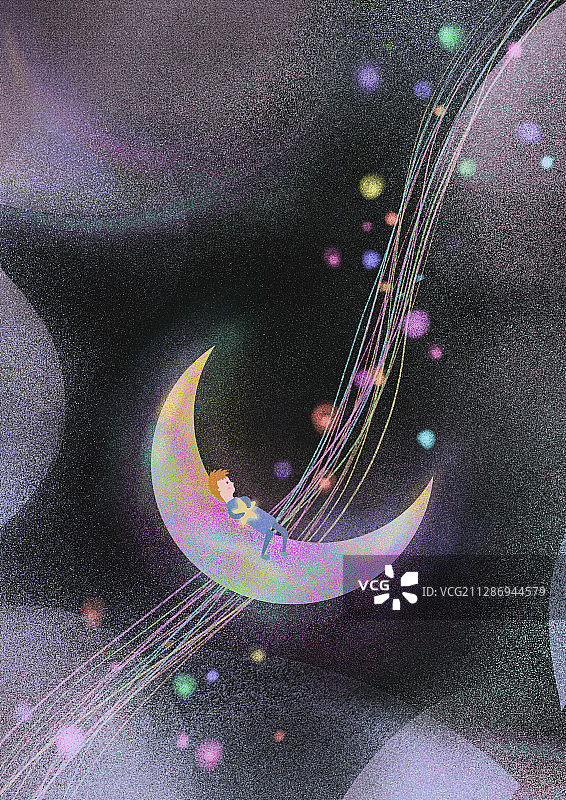 男孩抱着星星坐在月亮上的梦幻画面图片素材