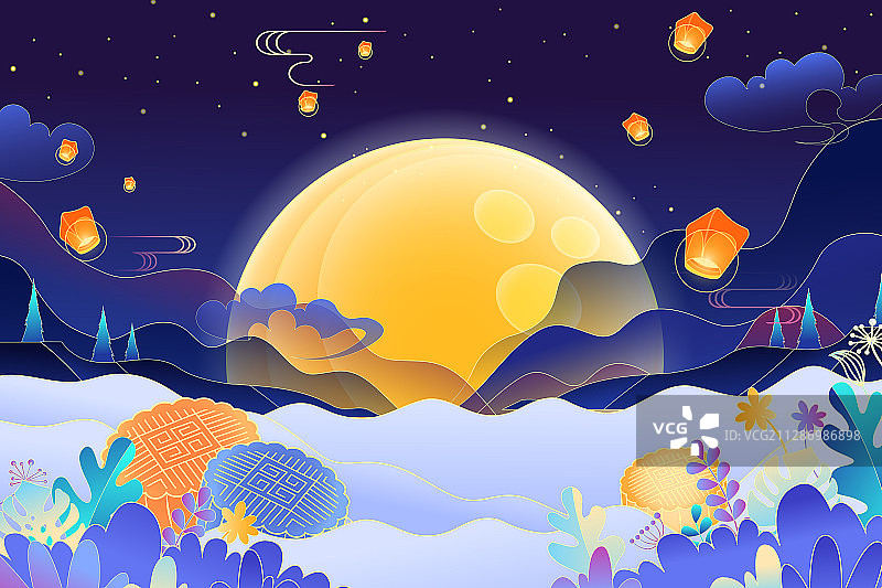 卡通中秋节月亮月饼玉兔划船游湖美食孔明灯中国风背景矢量插画图片素材