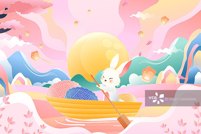 卡通中秋节月亮月饼玉兔划船游湖美食孔明灯中国风背景矢量插画图片素材