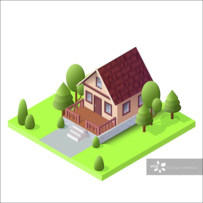2.5D概念：带树木的绿色地面上的乡村房屋图片素材