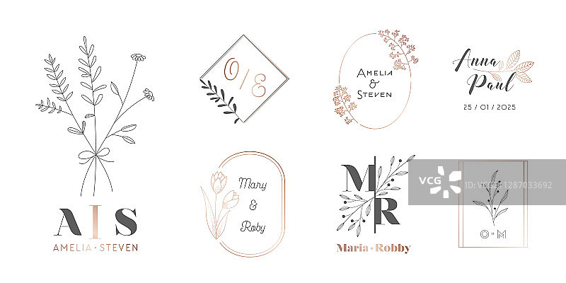 花卉树枝婚礼字母组合设计图片素材