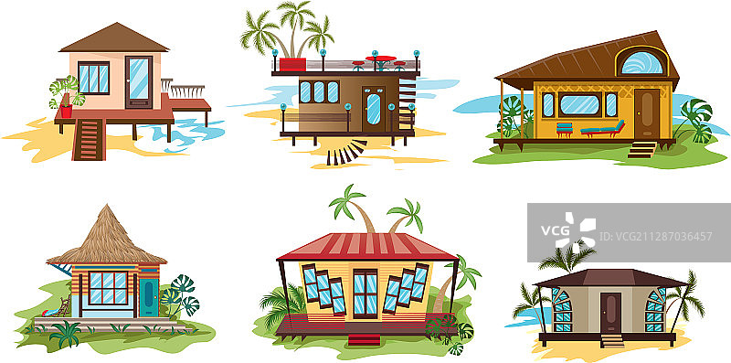 海洋沙滩上的不同风格别墅图片素材