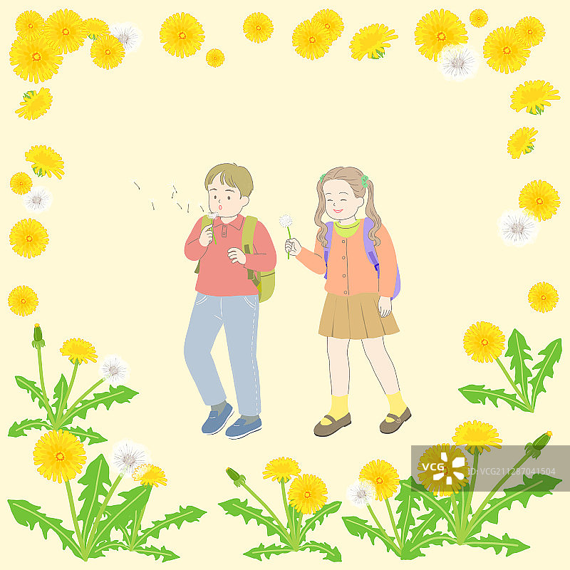 快乐人物春季花卉边框插画011图片素材