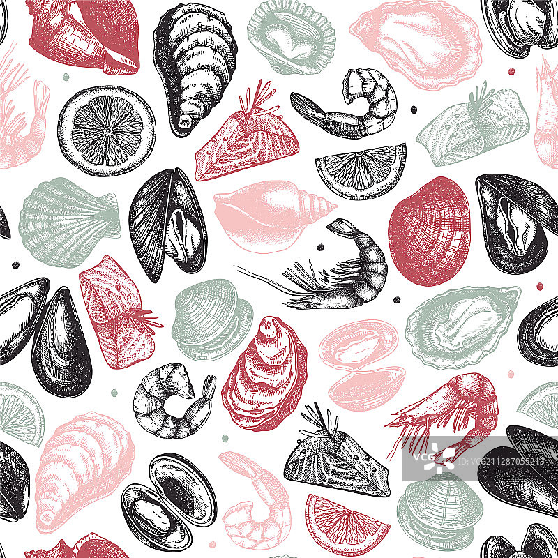 手绘海鲜无缝图案图片素材
