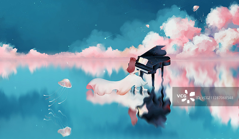 在水面弹钢琴的女孩创意插画图片素材