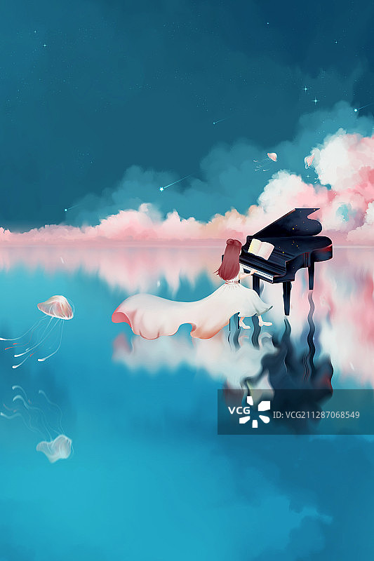在水面弹钢琴的女孩创意插画图片素材
