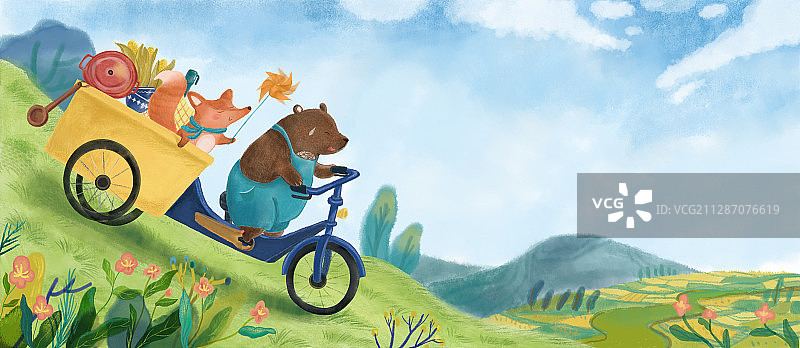 小熊和小狐狸去野餐图片素材