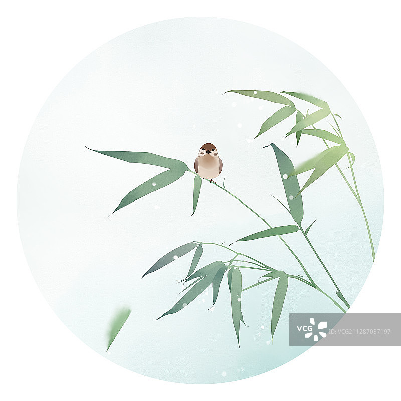 古风水彩植物竹子麻雀插画图片素材