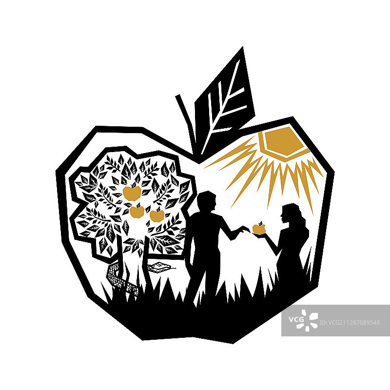 亚当和夏娃在花园里吃了禁果图片素材