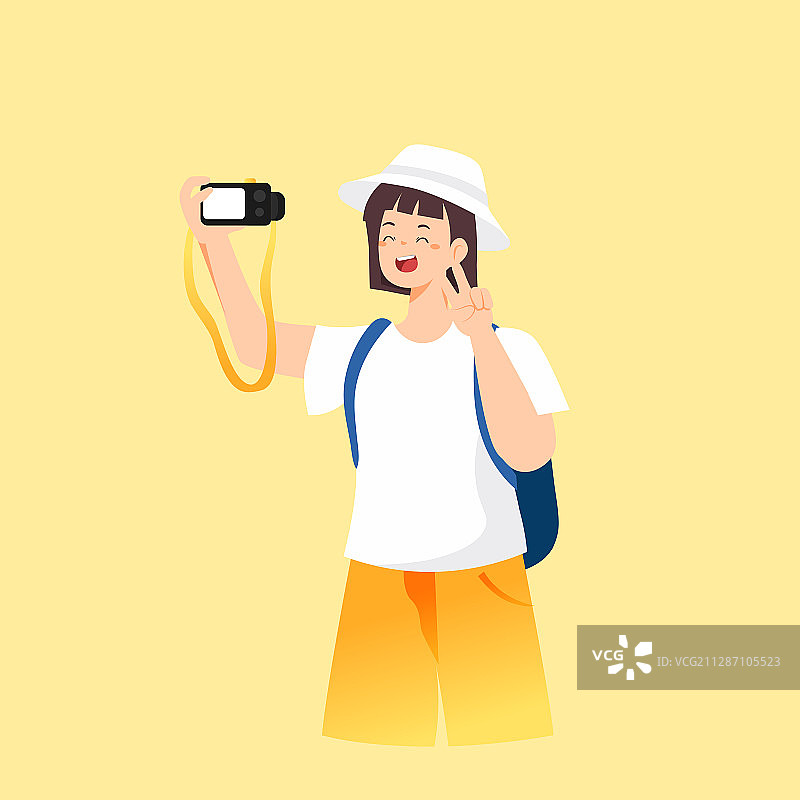 卡通国庆小长假出游旅行拍照打卡踏青户外古建筑风景矢量插画图片素材