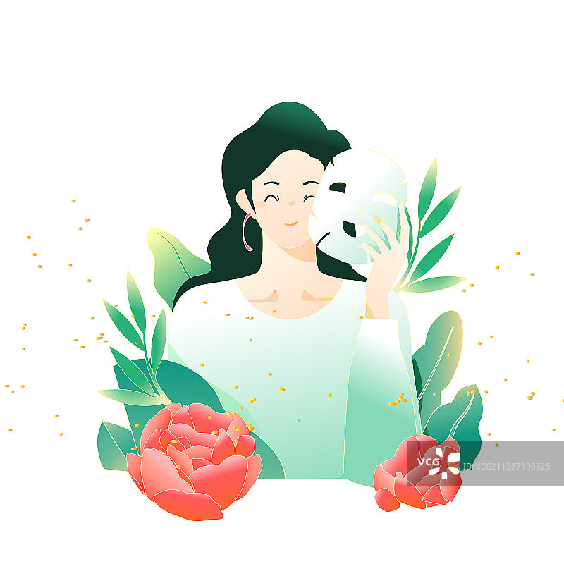 卡通女孩护肤品面膜购物电商促销活动花卉中国风矢量插画图片素材