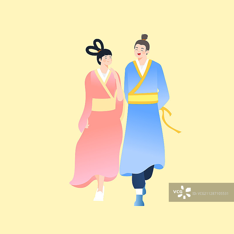 卡通七夕情人节牛郎织女古人相会浪漫爱情中国风矢量插画图片素材