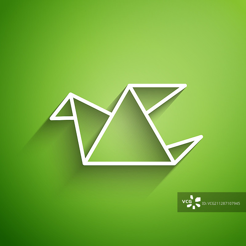 绿色背景隔离的白色线条折纸鸟图标图片素材