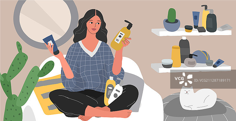 女人在斯堪的纳维亚风格的店铺里选择美容产品图片素材