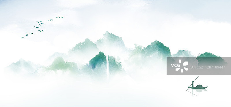 中式横版蓝绿色山水画图片素材