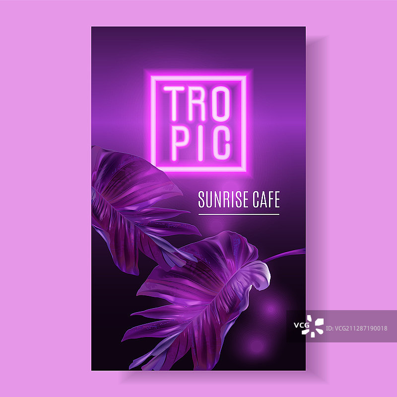 带有热带树叶的紫色霓虹灯banner图片素材