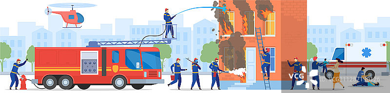 消防队从燃烧的房屋中救人图片素材