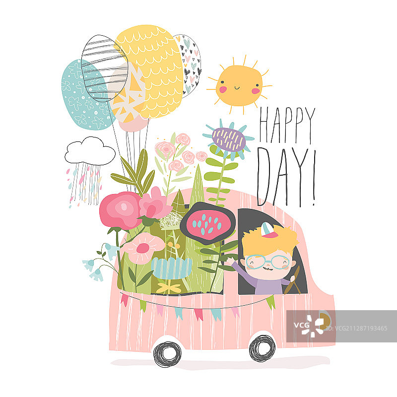 小男孩开着一辆载满鲜花的汽车图片素材