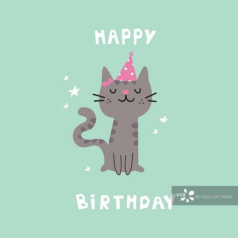 戴着节日帽的宠物猫生日派对卡通图片素材