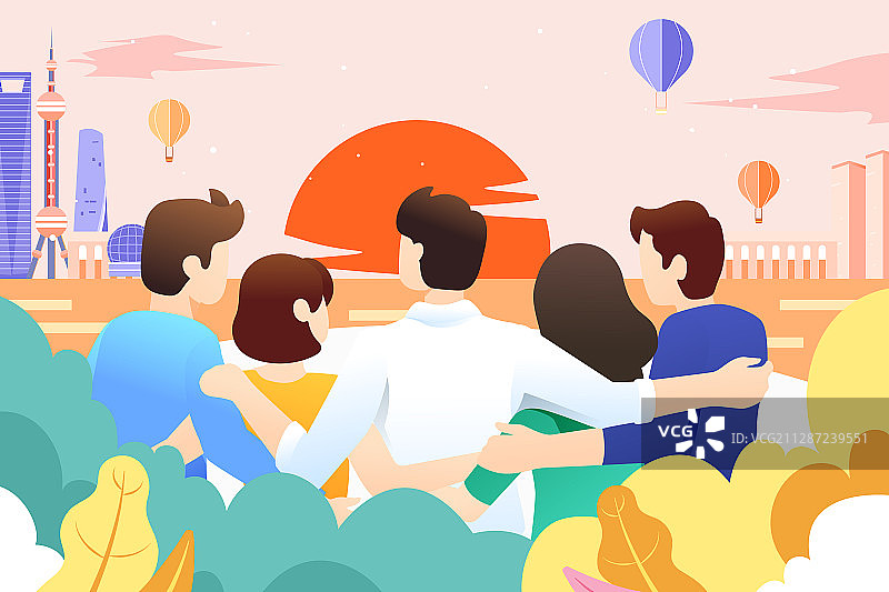 卡通团建商务商业职业朋友团队精英城市建筑背景矢量插画图片素材