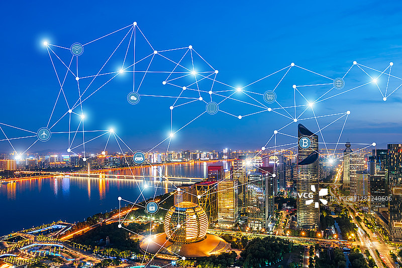 中国浙江杭州钱江新城和城市互联大数据概念图片素材