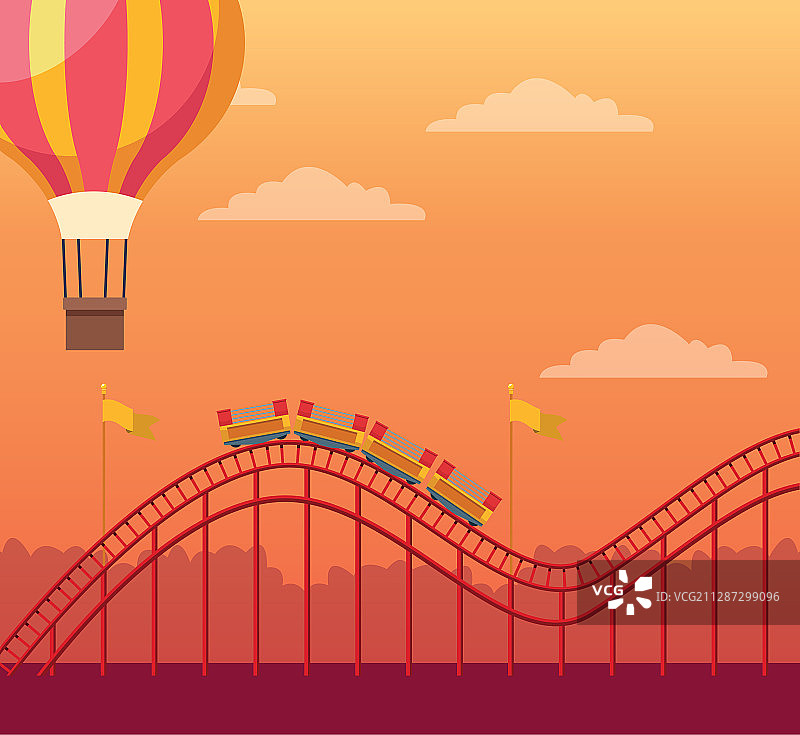 橙色背景上的热气球与过山车图片素材
