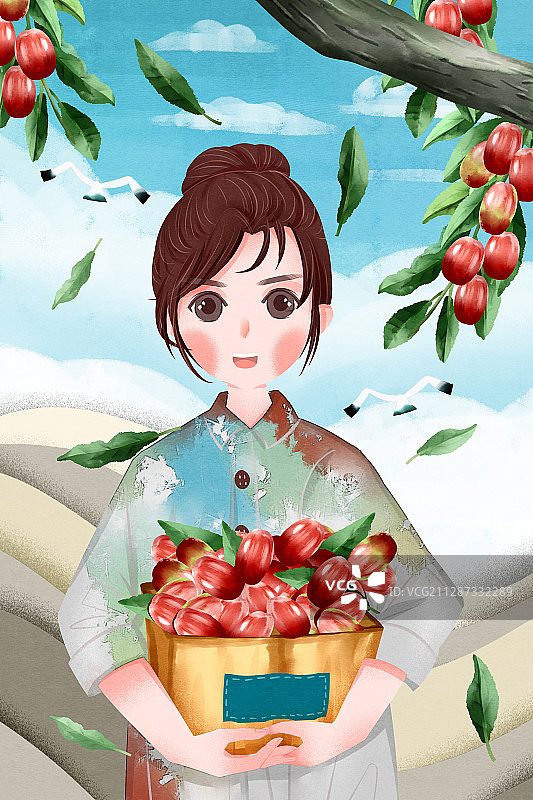 可爱女孩果园推销水果红枣插画图片素材