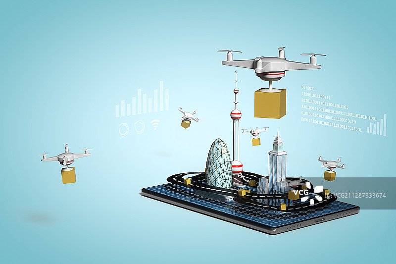 手机上的5G物联网智慧城市，三维图形图片素材