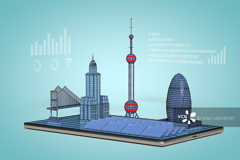 手机上的5G物联网智慧城市，三维图形图片素材