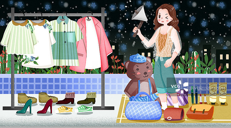 夜市摆滩卖衣服插画图片素材