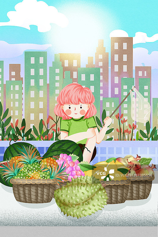 路边摆摊卖水果插画图片素材