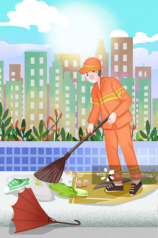 清洁工清理路边摊遗留垃圾插画图片素材